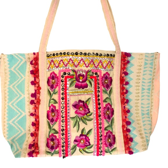 Hand Crafted Handbags - Bohemian Large Floral Beaded and Embroidered Handmade in India
